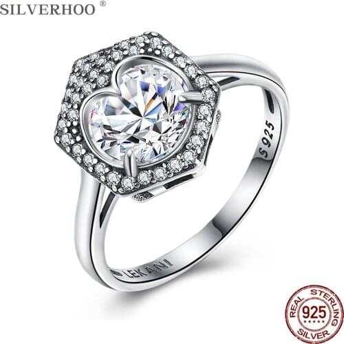 SILVERHOO Real 925 Sterling Silver Heart Cubic Zirconia Rings For Women Geometry Square Vintage Ring Luxury Engagement Jewelry