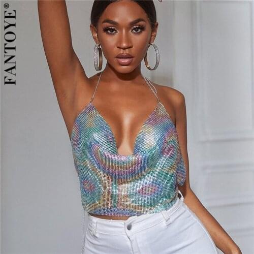 Fantoye Sexy Backless Patchwork Diamonds Halter Women Tank Top Sleeveless Spaghetti Strap Short Tops Lady Autumn Slim Streetwear