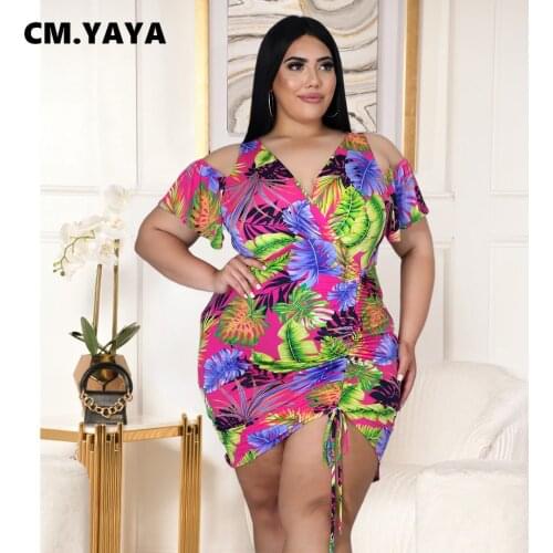 CM.YAYA Women Plus Size Dress Print Off Shoulder Short Sleeve V-neck Shirring Dresses Sexy Fashion Vestidos Summer Outfits 2021