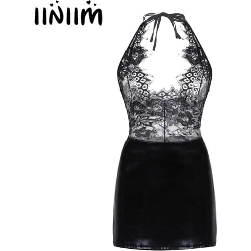 Womens Mini Exotic Club Sexy Dress See Through Lace Lingerie Set Back Opening Leather Skirt Bodycon Dresses with G-String Briefs