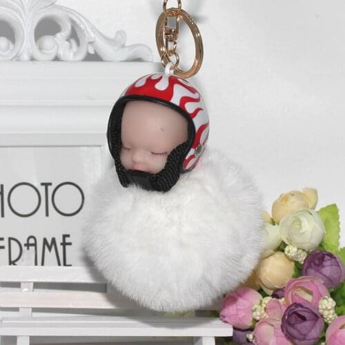 Faux Rabbit Fur Ball Helmet Doll Keychain PomPom Fluffy Key Ring Women Holder Charm Bag Purse Car Key Chains Jewelry EH870