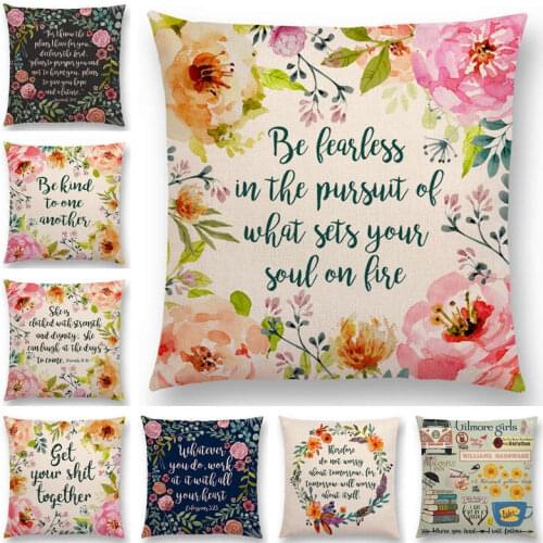 Hot Sale Flowers Leaf Decorative Letters Warm Words Floral Pattern Be Kind Fearless Love Cushion Cover Sofa Throw Pillow Case