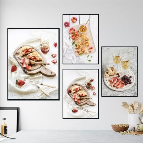 Canvas Paintings Wall Art Tasty Breakfast Strawberry Waffle Pictures Prints Fruit Slices Dessert Poster For Living Room Modular