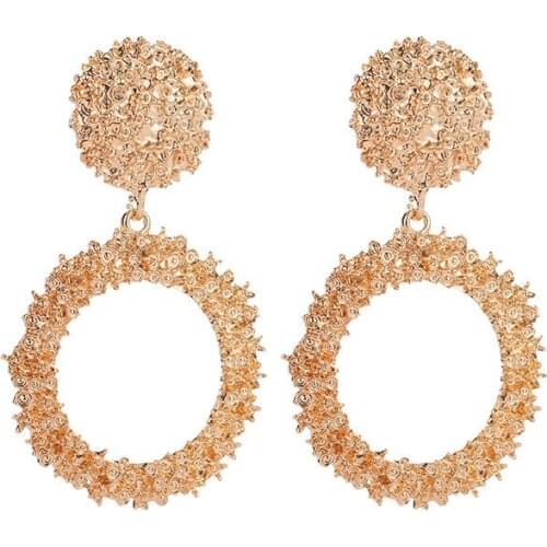 Round Metallic Rough Hoop Pendant Rose Golden Silver Plated Drop Earrings Women Circle Dangle Earrings