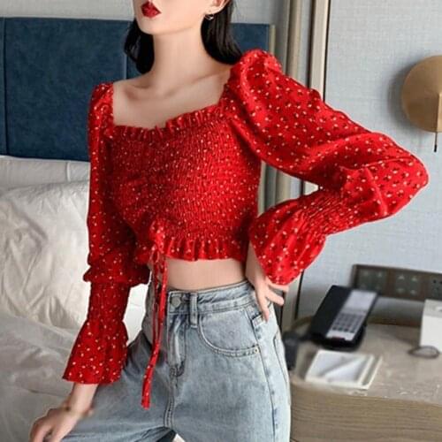 Fashion Women sexy chiffon shirt Square Neck tight Drawstring Long Sleeve Floral Ruffles Chiffon Shirt Tops футболка 2021