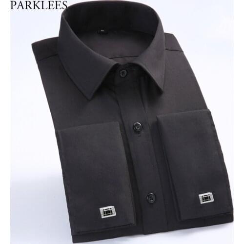 Mens Black Wedding Dress Shirts French Cufflink Long Sleeve Button Up Shirt Solid Business Casual Plus Size Fit Work Camisas 6XL