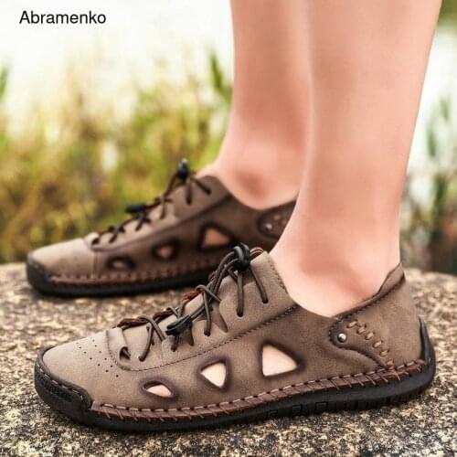 New Summer Men Shoes Genuine Leather Men Sandals Fashion Men Beach Sandals Hollow Men Outdoor Casual Sneakers Big Size 39-48