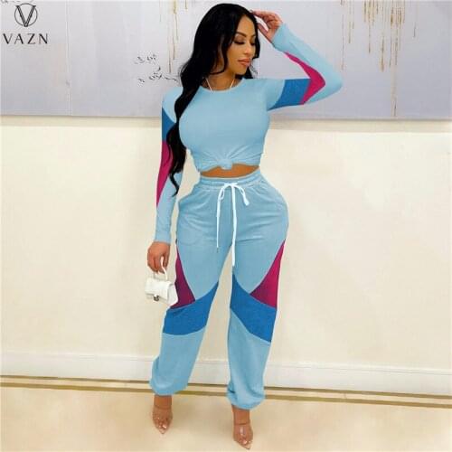 VAZN 2021 Lady Fashion New Casual Movement Style Sets Long Sleeve Round Neck Dew Waist Top Elastic Long Pants Printed Sets