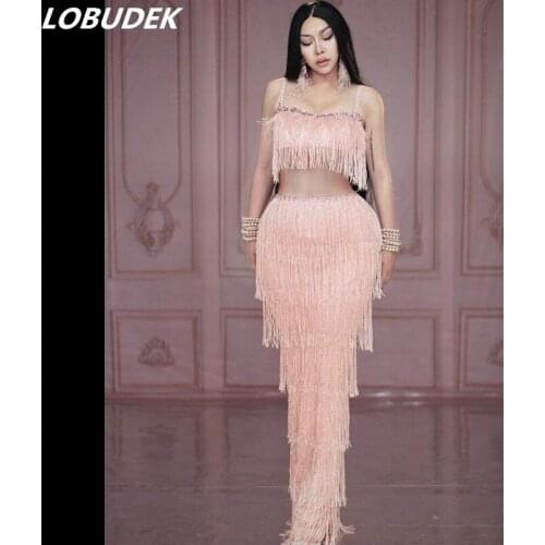 Pink Rhinestones Fringes Spandex Sling Dress Fashion Summer Tassel Long Dresses Evening Party Birthday Prom Women Crystals Dress