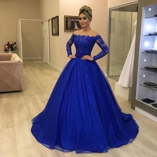 Detachable prom dresses with skirt off the shoulder royal blue evening dresses lace appliques long sleeve evening dress gowns