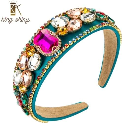 King Shiny Luxury Baroque Geometric Crystal Headband Elegant Multi Color Rhinestone Beaded Hairband Girls Party Hair Accessories