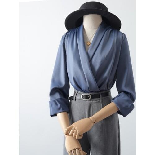 Solid Satin Women Shirts Summer New Design 2021 V-Neck Pleated Loose Office Lady Elegant Outwear Tops