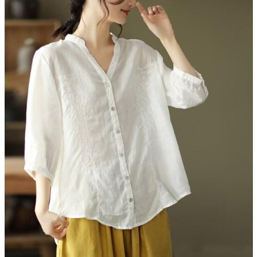 Shirts Women Half Sleeve Linen Button Up Shirt Cotton Embroidery Vintage 4XL Plus Size Ladies Tops Blouse V neck Casual White
