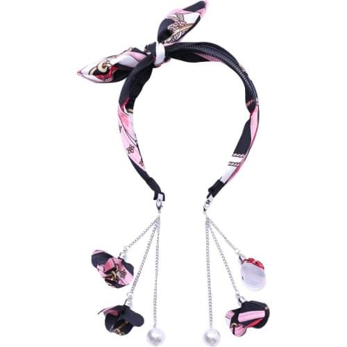 TT Bow Pseudo Earrings Pearl Headband Tassel Streamer Headband Womens All-Match Hairband