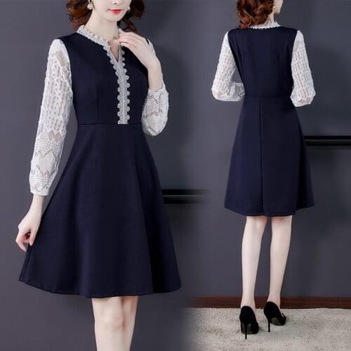 Spring Women Blue Lace Patchwork Sexy Mini Dresses 2021 Vintage 3XL Plus Size Long Sleeve Dress Elegant Bodycon Party Vestidos
