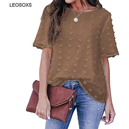 Womens Clothing 2021 Summer Embroidered Tulle Fake Two-piece Chiffon Short-sleeved Round Neck Solid Color Elegant Blouse