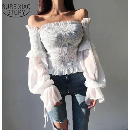 New Srping Solid Chiffon Blouses Women Casual Long Sleeve Slash Neck Sexy Corset Women Shirts Lace Office Ladies Clothing 12813