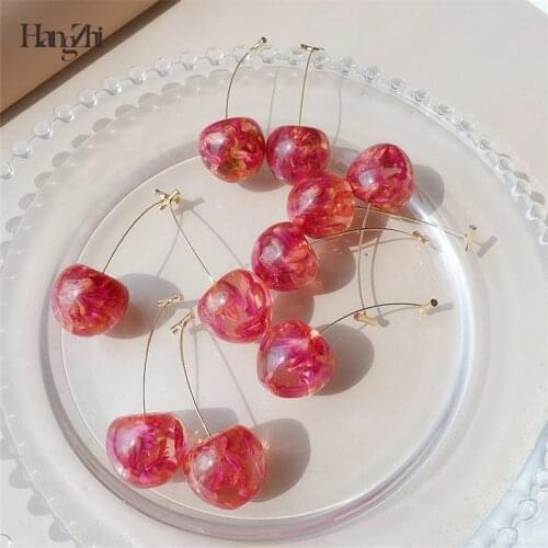 HangZhi 2020 New Korea Sweet Red Cherry Transparent Dry Flower Clear Heart Shaped Long Dangle Earrings for Women Summer Jewelry