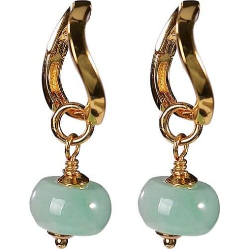 S925 sterling silver gold plated natural emerald eardrops personality retro temperament barrel beads ladies ear clips earrings