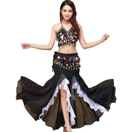 9 Colors Belly Dance Costume Women Dance Coins Tops for Slim Gilrs Bellydance Sequins Beaded Outfits Bra Belt Skirt