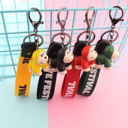 Cute Cartoon Monkey Keychain Animal Gorilla Key Chain Ribbon Lanyard Car Key Ring Holder Bag CHarms Pendant Jewelry Gift Llavero