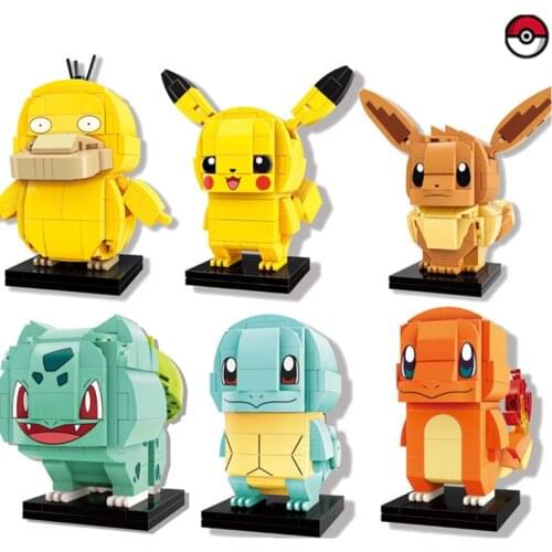 Cartoon BrickHeadz Pokemon Pikachu Elf Ball Pocket Monsters Building Blocks Bricks Set Classic Anime Movie Dolls Model Kids Toys
