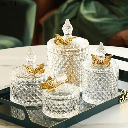 Creative Golden Butterfly Crystal Glass Candy Jar Exquisite Storage Box Jewelry Small Object Storage Jar Glass Container Crafts