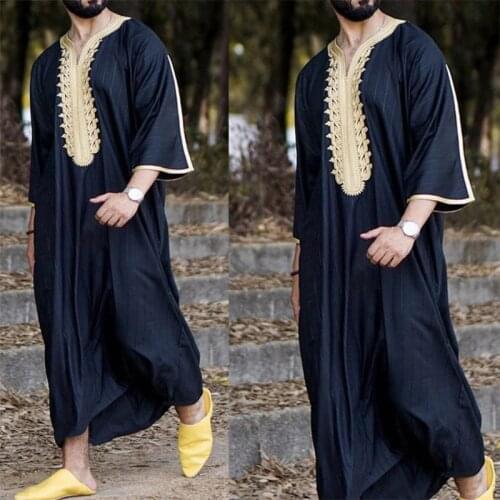 Muslim Men Jubba Thobe Long Sleeve Islamic Clothing Embroidery V-Neck Kimono Robe Abaya Caftan Dubai Arab Dress Shirts
