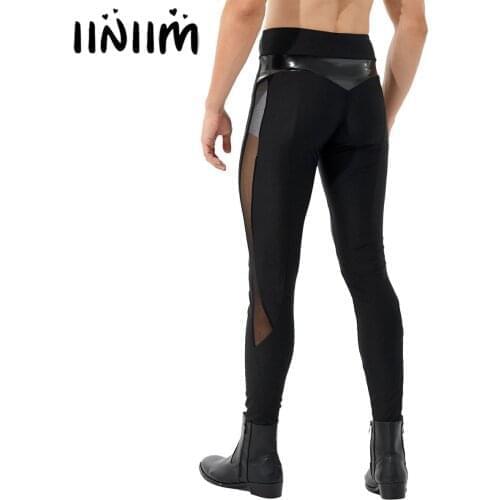 Mens Exotic Pants Patent Leather Mesh Patchwork Leggings Sports Yoga Fitness Mid Waist Skinny Pants Clubwear Black Long Pants