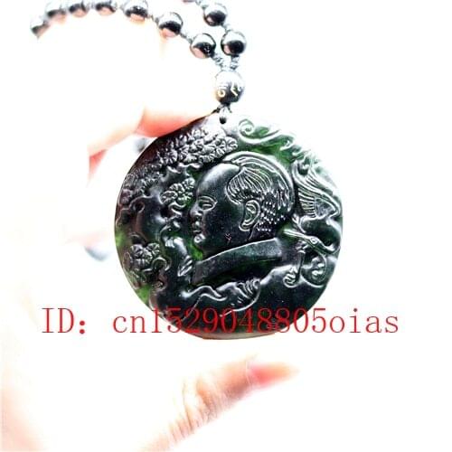 Natural Black Green Jade Obsidian Mao Zedong Pendant Beads Necklace Fine Jewelry Carved Amulet Fashion Charm Gifts for Women