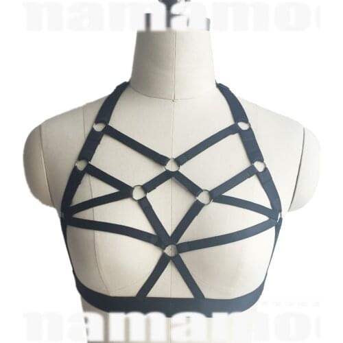 New black white sexy harness lingerie pastel goth cage bra rave fetish wear body harness harajuku gothic body harness cage bra
