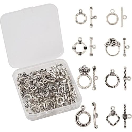 Pandahall 40sets/box Mixed Shapes Tibetan Style Alloy Toggle Clasps Hooks Connectors for Jewelry Making DIY Bracelet Findings