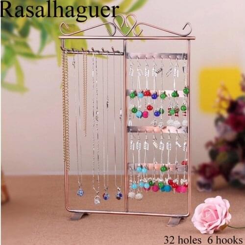 Fashion 32 Holes 6 Hooks Earrings Stud Necklace Jewelry Display Jewllery Organization Multifunctional Metal Display Stand Holder