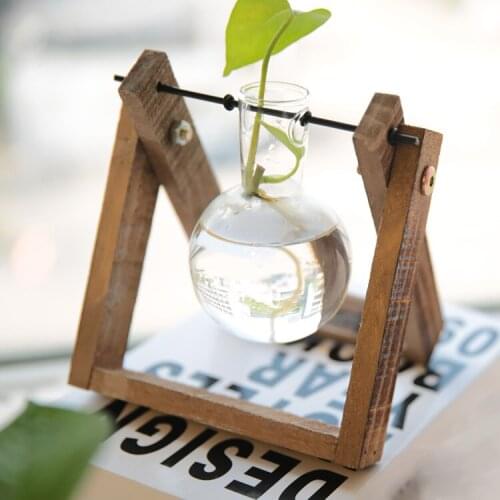 Creative Hydroponic Plants Transparent Vase Modern Decoration Wooden Frame Table Top Living Room Container Ornaments Plant Pot