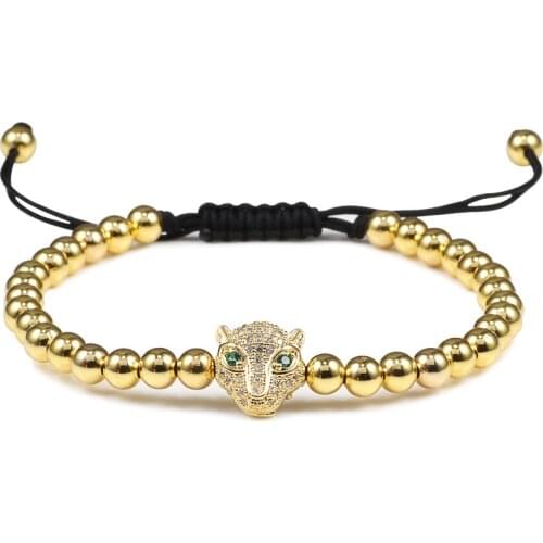 Adjustable Gold Color Micro Pave Bracelets Crystal Copper Ball Beads Leopard head Bracelet Handmade Weave Macrame Male Jewelry