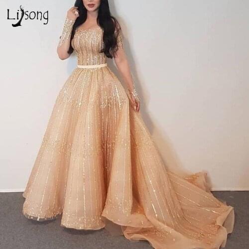 Luxury Champagne Beaded Sequined Prom Dresses Full Sleeves A-line Prom Gowns Abendkleider Saudi Arabic Party Dresses