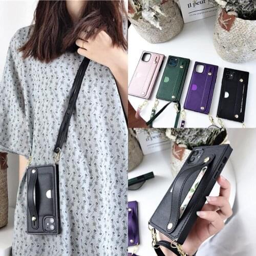 Luxury Credit Card Stand Holder Crossbody Wristband Square Leather Case for Samsung Note 20 Ultra 10+ 9 S9 S10 S20 Plus A90 5G