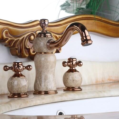 3 Hole Widespread Bathroom Sink Faucet with Heavy Style Marble Stone Deck Mounted Dual Handle Hot Cold Water Mixer Tap Rose Gold
