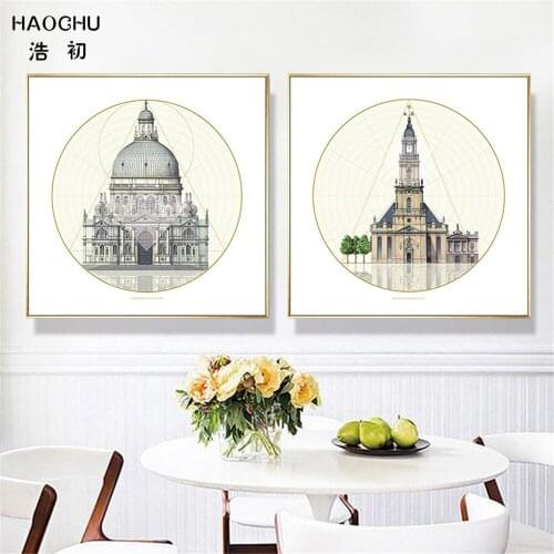 HAOCHU Modern Amanican Style Roma Geometries building Watercolor Canvas Wall Paintings Home Living Room School Cafe Bar Decor