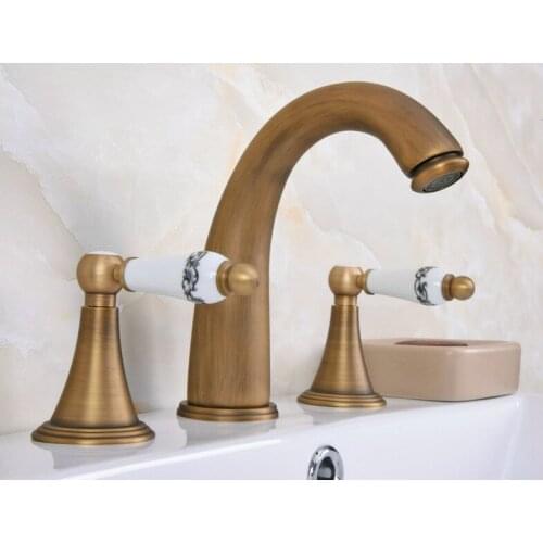 Vintage Antique Brass 2 Ceramic Handle Deck-Mount 3 Hole Widespread Bathroom Lavatory Bathtub Basin Faucet Sink Mixer Tap dan082