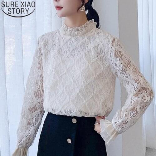 Spring New Stand Collar Hollow Out Clothes Women Tops Lace Blouse Autumn Long Sleeve Blouses Fashion Ladies Solid Blusas 13326