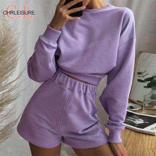 CHRLEISURE Home Suit For Women Summer Two Piece Set Long Sleeve O-Neck Casual Crop Top Female Clothing Tracksuit Loose Shorts