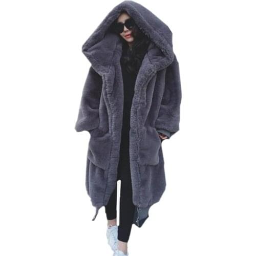 Savabien Women Faux Fur Coat Winter Thick Warm Streetwear 2019 Fashion Faux Rabbit Fur Coat Long Hooded Fluffy Jacket Loose Coat