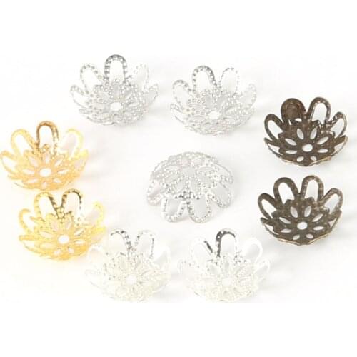 100Pcs/lot Silver Gold Bronze Plated 3x11mm Hollow Flower Metal Filigree Loose Spacer Bead Caps For DIY Jewely Findings