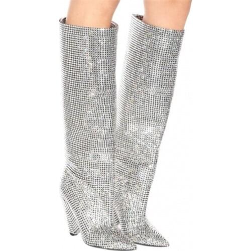 2021 Elegant Woman Crystal Decoration Boots Spike High Heel Over The Knee High Bling Bling Female Party Shoes