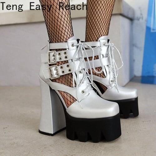 2021 Thick High Heels Woman Shoes Sexy Casual Shoes Summer Punk Platform Shoes Woman Cross Lace High Heel Womens Black Heels