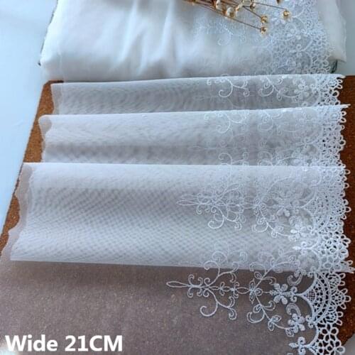 21CM Wide Luxury White Soft Mesh Polyester Yarn Exquisite Embroidery Flowers Lace Appliques Wedding Dress Cloth DIY Sewing Decor