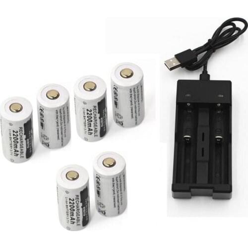 6pcs 3.7v 2200mAh CR123A rechargeable lithium battery+ 18650 14500 16340 charger