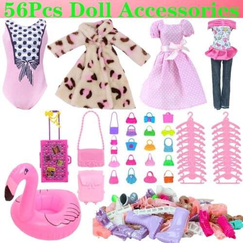 56Pcs Barbies Clothes Accessories FreeShipping=20Shoes+20Hangers+10Bags+4Clothes+1Luggage+1Swimming Ring For Barbie Doll Clothes