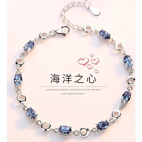 Noble Fashion Inlaid Sea Blue Plated S925 Sterling Bracelet Female Crystal Simple